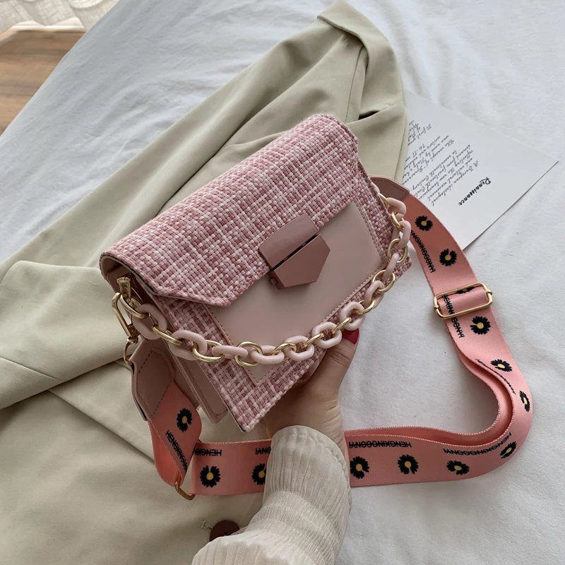 

Contrast Color Crossbody Bags For Women 2020 Wide shoulder strap Linen Messenger Shoulder Bag Ladies Purses and Handbags Cross B