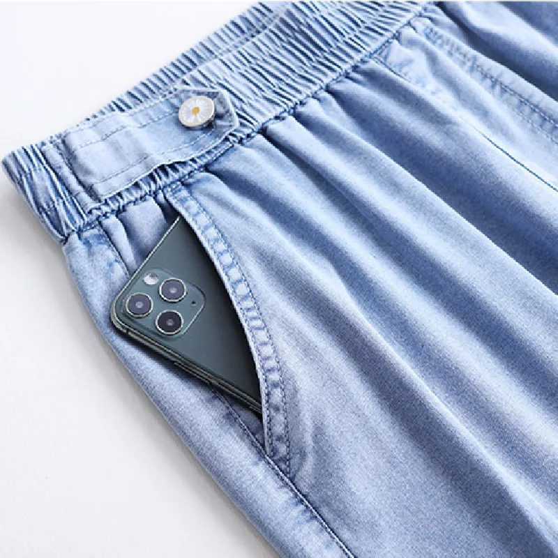 

New Summer Jeans Women M-4XL Fashion Plus Size Loose Thin Tencel Wide Leg Pants Solid Color Casual High Waist Denim Trousers