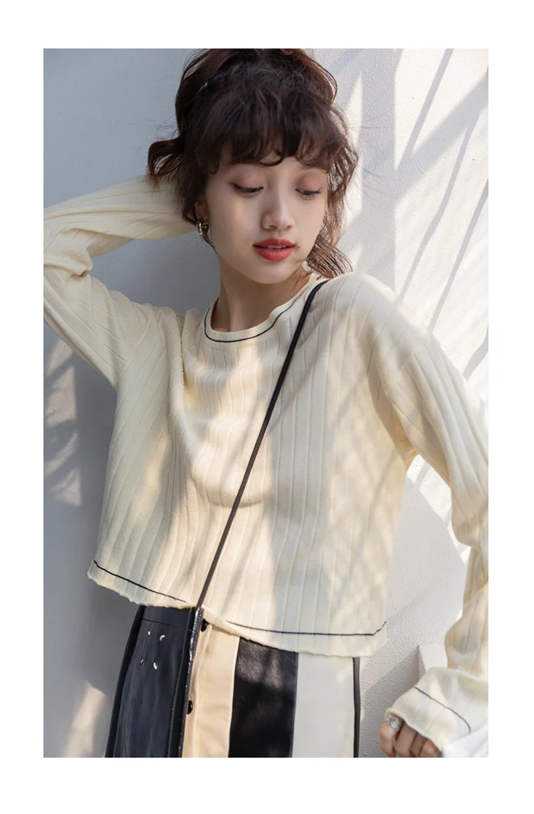 Женская футболка в полоску весна-осень 2021 Свободный Повседневный короткий топ с