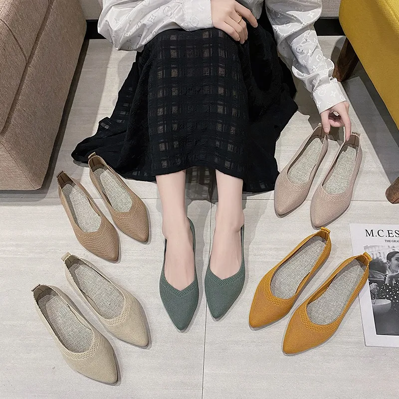 

Women Flats Ballet Breathable Knitted Pointed Toe Moccasins Thick Heels Boat Shoes Flat Ballerina Pregnant Stretchy Loafers 40