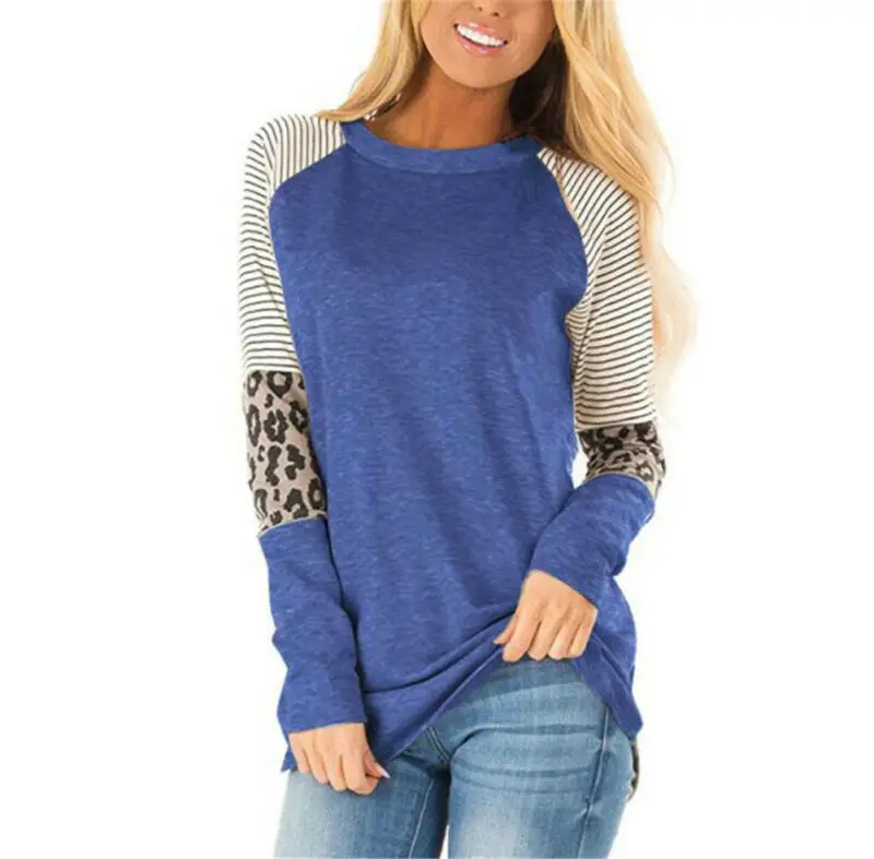 

Women Striped Long Sleeve Casual Pullover Autumn Leopard Patchwork Sweatshirts