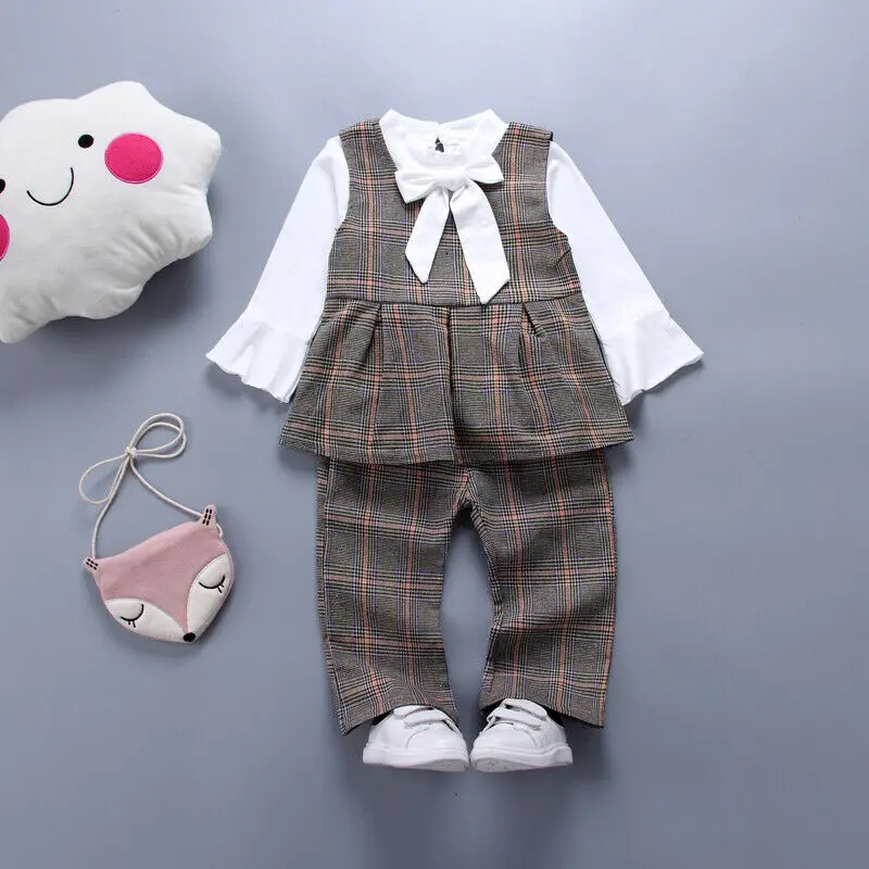 3 шт. хлопковая рубашка в клетку с длинным рукавом и бантом|Комплекты одежды для