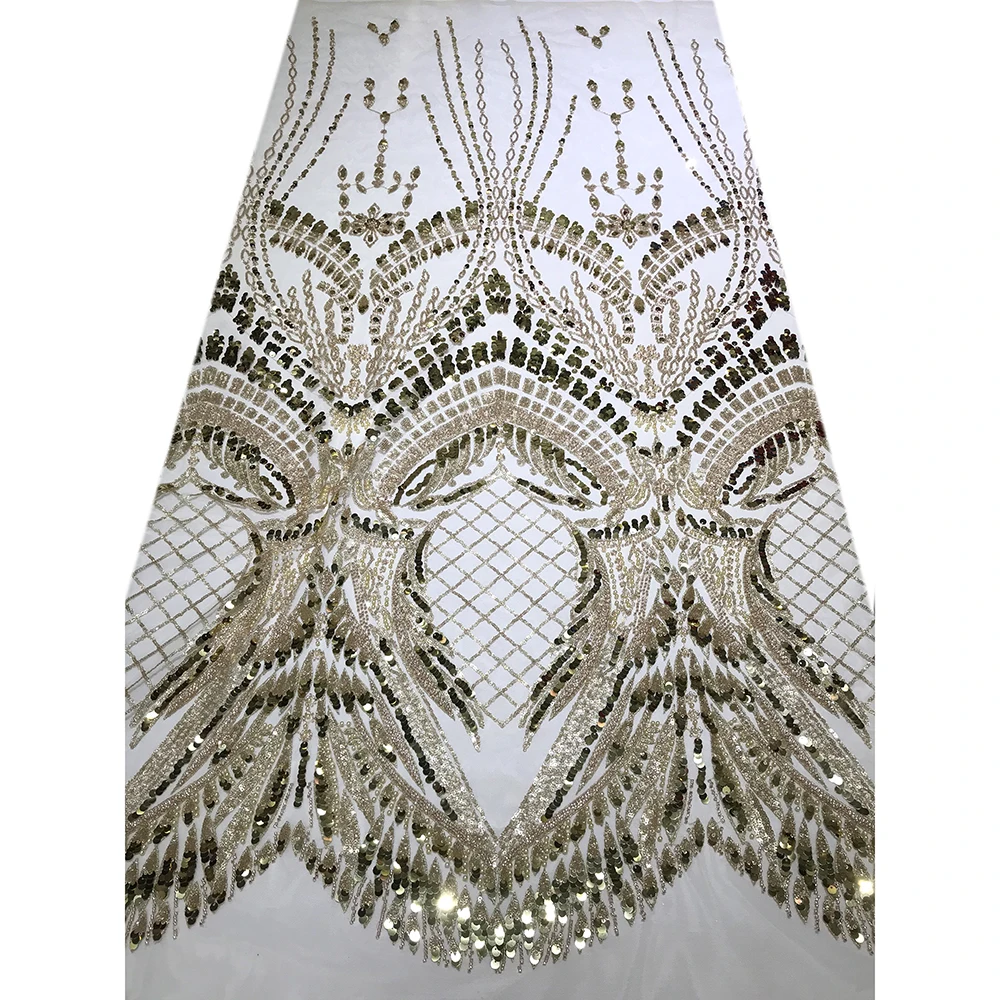 

Champagne/Naked Gold Vintage Luxury Quality Nigerian Tulle Mesh Sequins Dubai Beading Bridal Lace Fabric for Wedding Party Dress