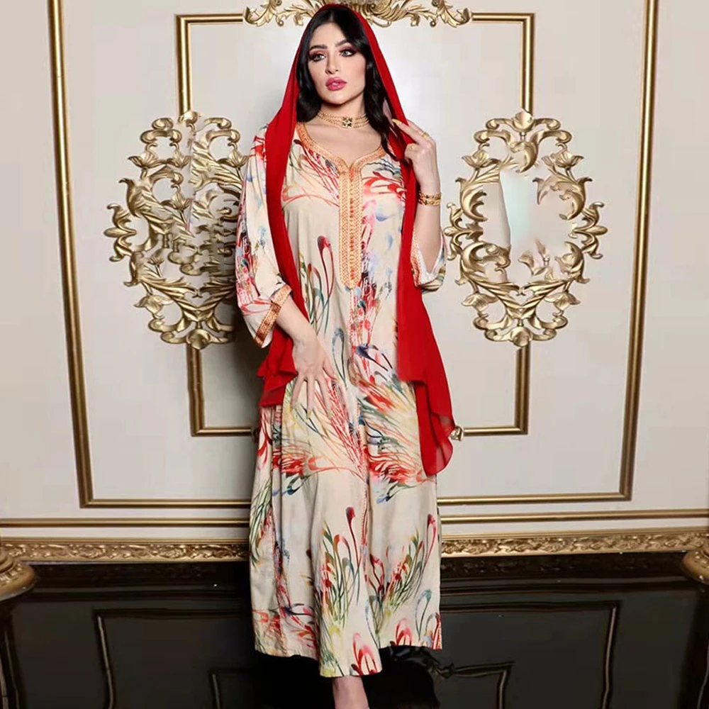 

MD Abaya Dubai Turkey Muslim Hijab Dress Women 2021 Autumn Boho Print Maxi Robe Turkey Malaysia Kaftan Kimono Islamic Clothing