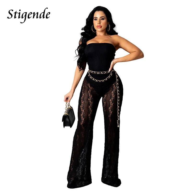 

Stigende See Through Mesh Strapless Jumpsuit Women Sexy Patchwork Party Jumpsuit Transparent Solid Color Wide Leg Pants