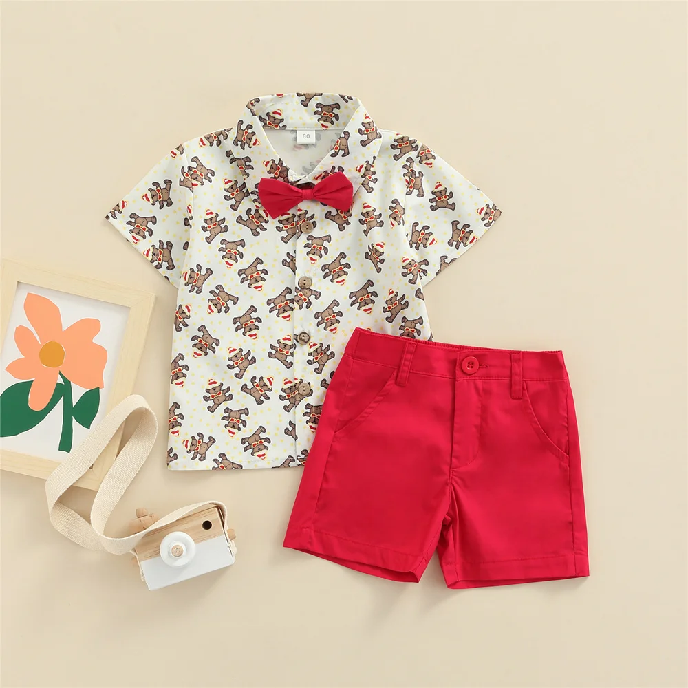 

Summer Baby Kids Boys Children's Sets Cartoon Bear Printed Lapel Short Sleeve Shirt With Bowtie Red Shorts Suits Christmas