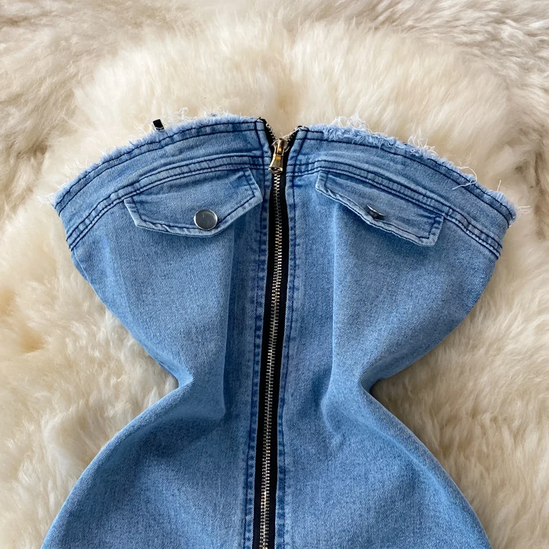 

Amolapha Women Sexy Strapless Zipper Irregular Slim Sheath Denim Jeans Mini Dress