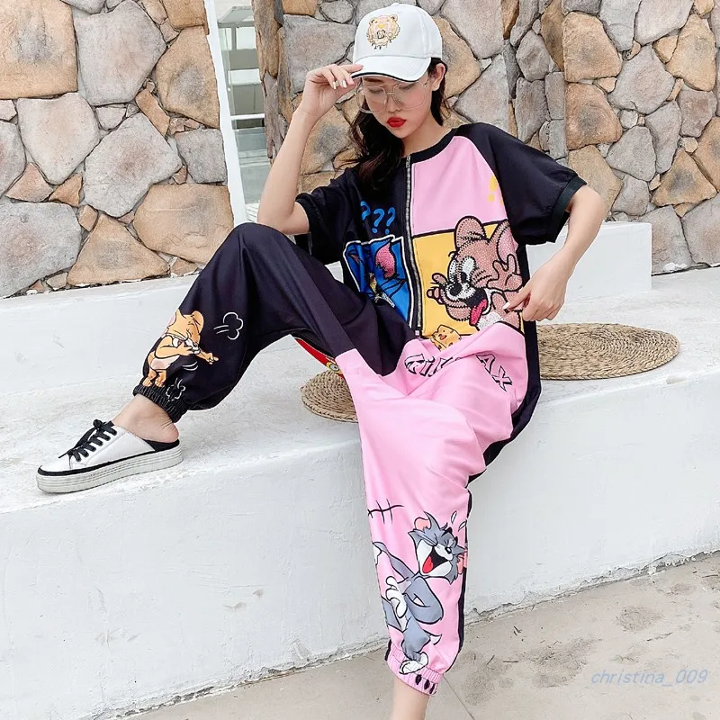 thailand tide brand hot drilling cartoon print thin denim jumpsuit summer short sleeve casual hip hip overalls jeans women free global shipping