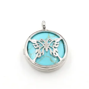 FYSL Silver Plated Butterfly Green Turquoises Stone Locket Hollow Pendant Rock Crystal Jewelry