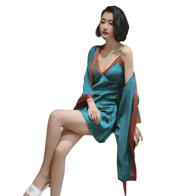 

Women's Sleepwear Set Summer Nightgown Silk Satin Sleepdress 2pcs Sexy Robe Sets V-neck Nightdress Soft Bathrobe Home Clothes