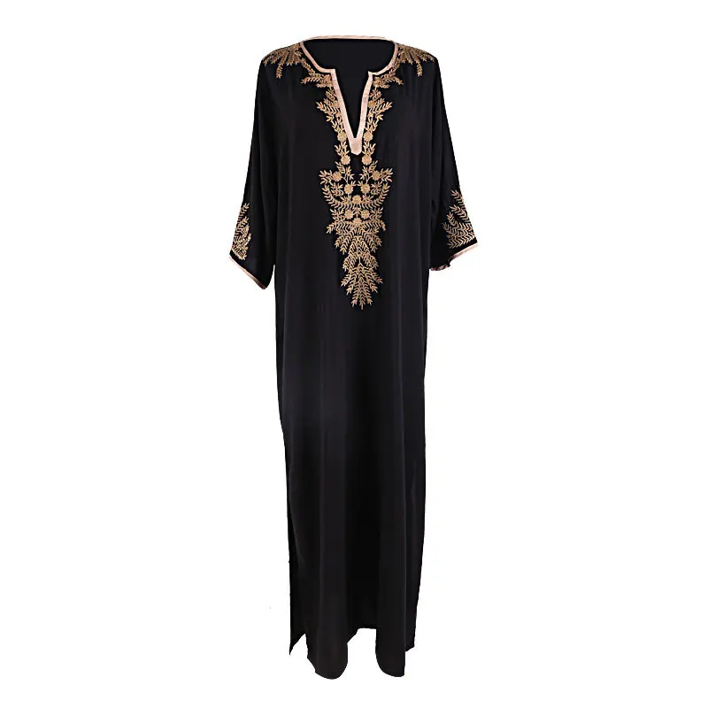 2021 Fashion Synthetic Cotton Open Skirt Embroidered National-Style Bikini Beachwear Vacation Robe Women V-Neck Black Dress