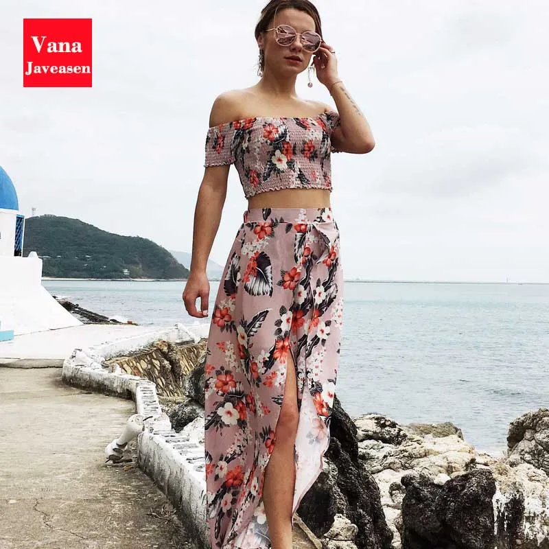

Summer Floral Print Skirt Beach Sets Women Sexy Slash Neck Short Tops Slim High Waist Split Boho Long Skirt Female Sets Vestidos