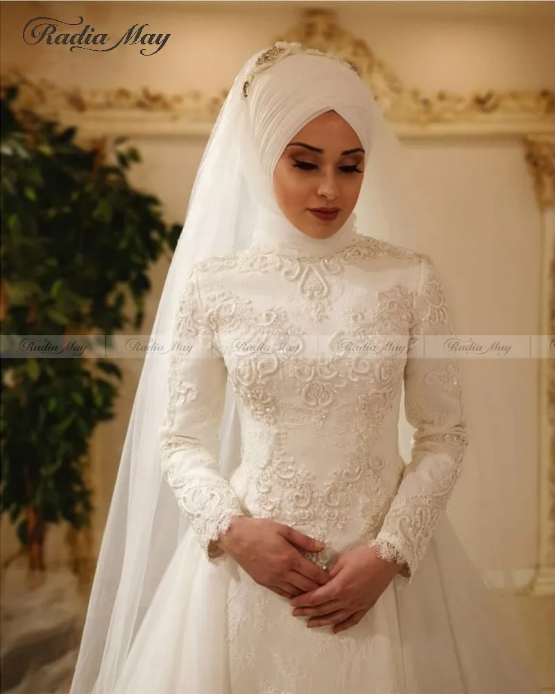 2020 Arabic Lace Long Sleeve Dubai Wedding Dress With Hijab Muslim Bridal Gowns Appliques Detachable Train Gown Islamic | Свадьбы и