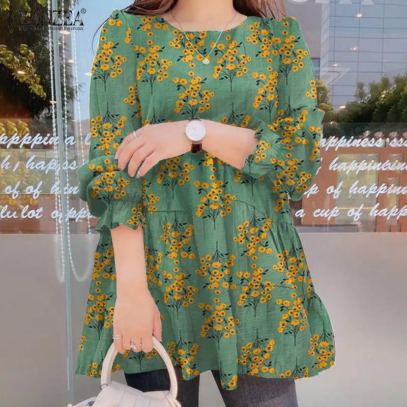 

Женская праздвечерние чная блузка ZANZEA в стиле ретро с богемным принтом, офисный топ с оборками, Повседневная блузка большого размера с пышн...