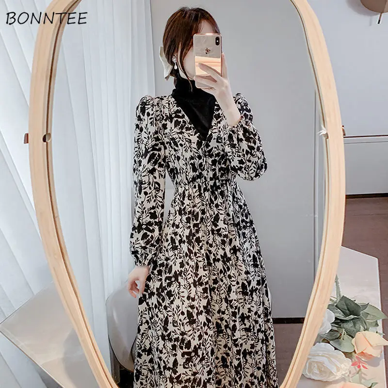 

Dresses Women Turtleneck Patchwork Large Size Stylish Daily Comfortable Feminino Vestidos Elegant Plus Velvet Korean Style Chic