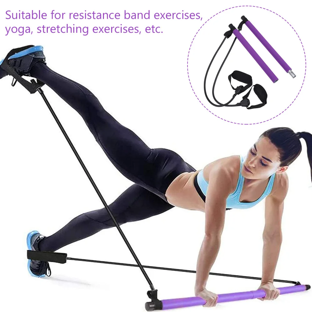 

Yoga Bar with Adjustable Resistance Bands Compact Pilates Fitness Stick (Purple)