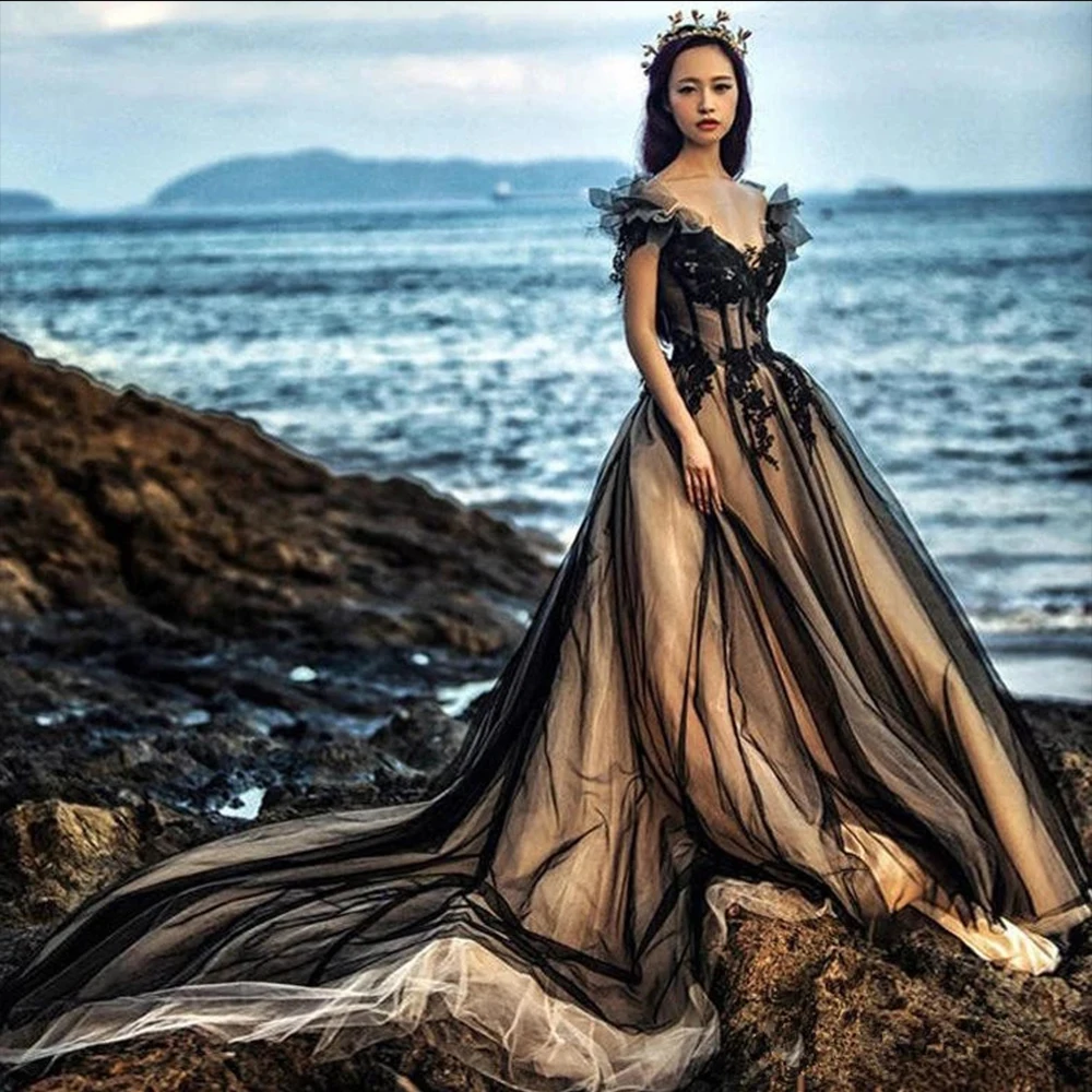 

Champagne Beach Wedding Dresses 2021 Off Shoulder Chapel Train Fairy Princess Outdoor Bride Wedding Gowns