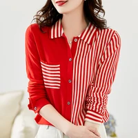 harteen striped fashionable knitted long sleeve womens clothing cardigan spring autumn turn down collar white casual top femme