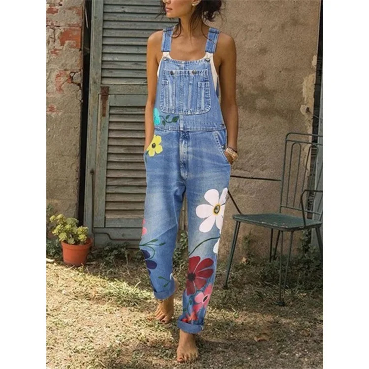 

Beautiful Floral Print Straight Long Jumpsuit Casual Fashion Retro Streetwear Women Slim Pocket Side Romper Overalls 3 Color