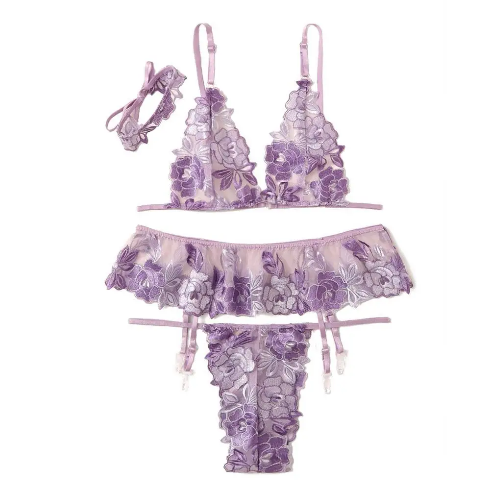 Purple Сексуальное Женское Эротическое белье Комплект из четырех предметов фиолетовое кружевное белье с вышивкой нижнее белье стринги Бюстгальтер обруч с кулоном и серьги A3 - Цвет: Purple