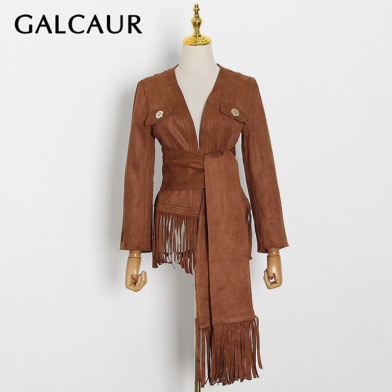 

GALCAUR Designer Jackets For Women V Neck High Waist Patchwork Tassels Designer Loose Brown Coats Female 2021 Autumn Clothes New