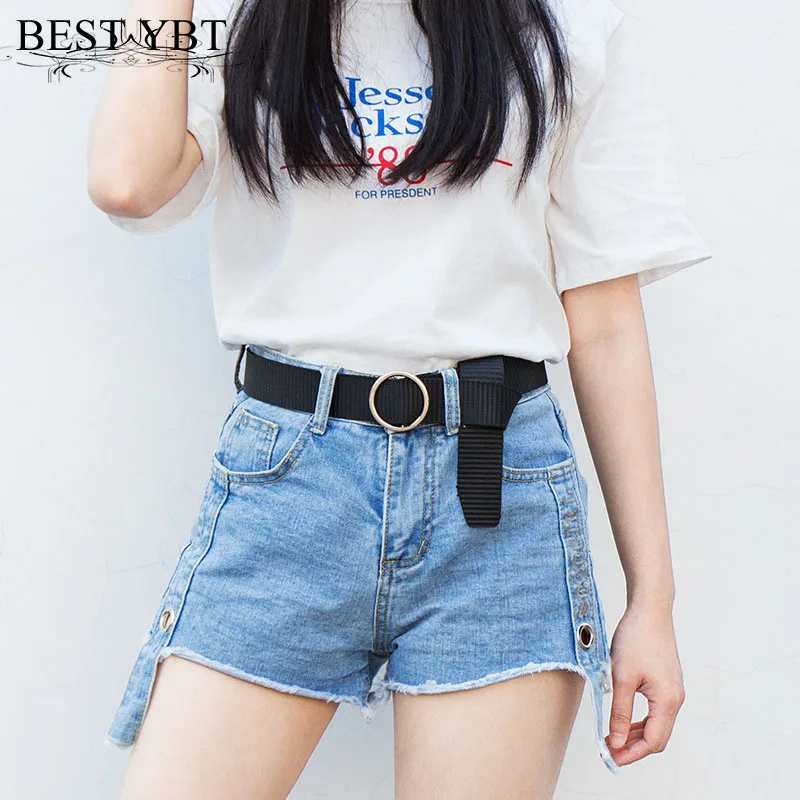 

Best YBT Women Nylon Belt Alloy Round Ring Buckle Belt Fashion High Quality Casual Dress Decoration Women No Hole Belt