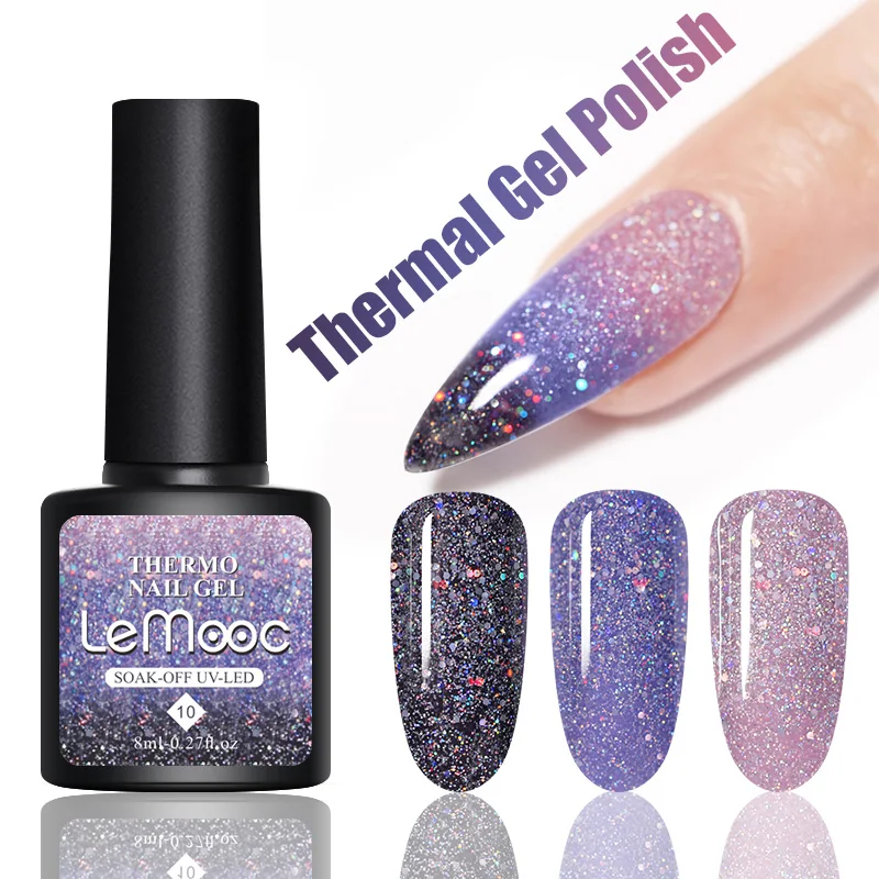 Термальный Гель лак LEMOOC отмачиваемый меняющий цвет при температуре мерцающий