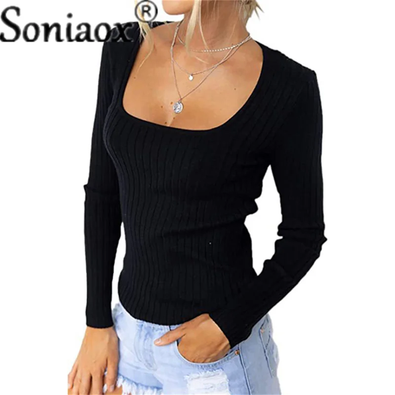 Купи 2021 Autumn Women Knitted Sexy Slim Fit Pullover Long Sleeve Square Neck Tops Ladies Fashion Casual Simplicity Street T-Shirts за 541 рублей в магазине AliExpress