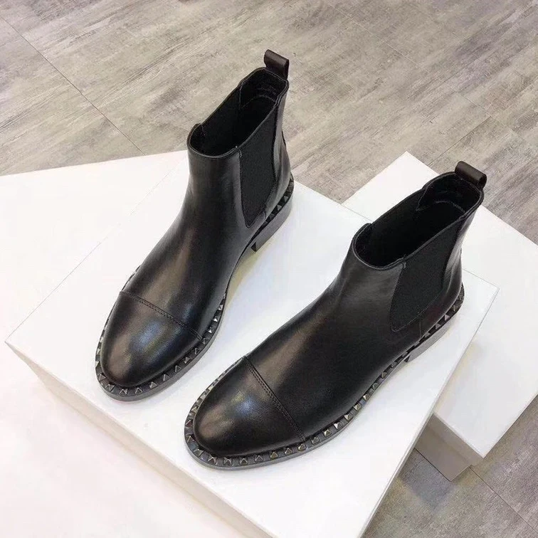 Популярные ботинки женские кожаные ботильоны Zapatos De Mujer с заклепками эластичные