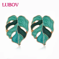 lubov new fashion flower leafs earrings female enamel green plant statement stud earrings for women party jewelry gifts