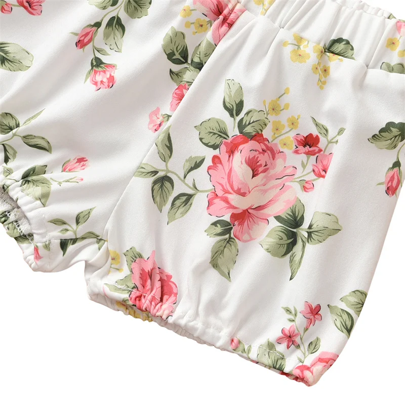 

Summer Toddlers Newborn Baby Girls 2Pcs Outfit Sets Letter Print Short Sleeve O-Neck Romper+Floral Print Elastic Shorts Set