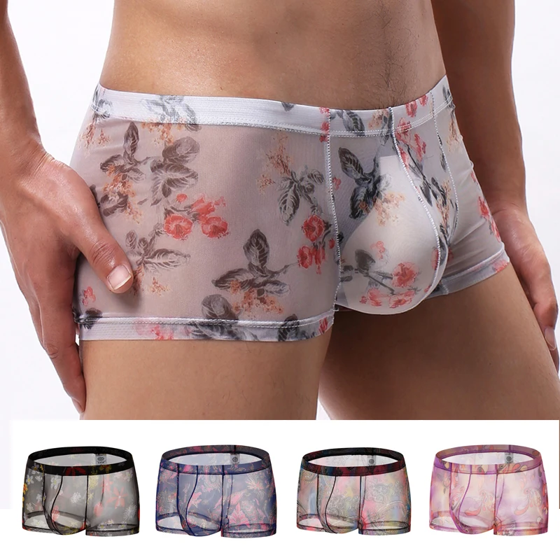 

Sexy Men's Mesh Print Pouch Underpants Boxer See Through Breathable Briefs Low Rise Underpants Trunks Tulle Netting Shorts 2021