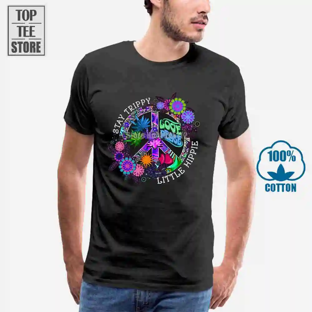 Мужская Черная хлопковая Футболка Hippie Stay Trippy Little Love Peace Размеры S 6Xl|Мужские