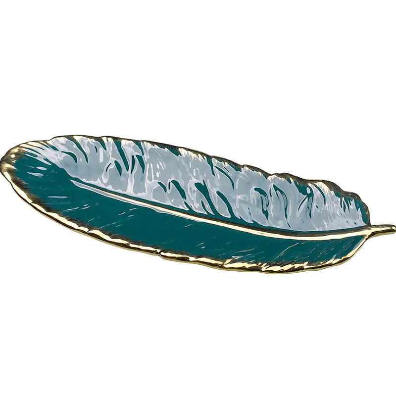 Adornos de plumas del norte de Europa, decoraci&oacute;n de lujo para el hogar, fruta, aperitivo, postre, hoja dorada, placa oscilante-4