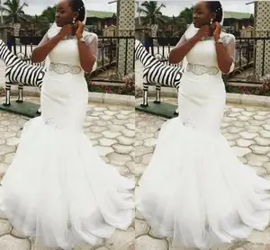 Women's Tulle Long Beaded Mermaid Wedding Dresses Beaded Belt White Lace Up Back African Bridal Gowns Lace Up Custom Made