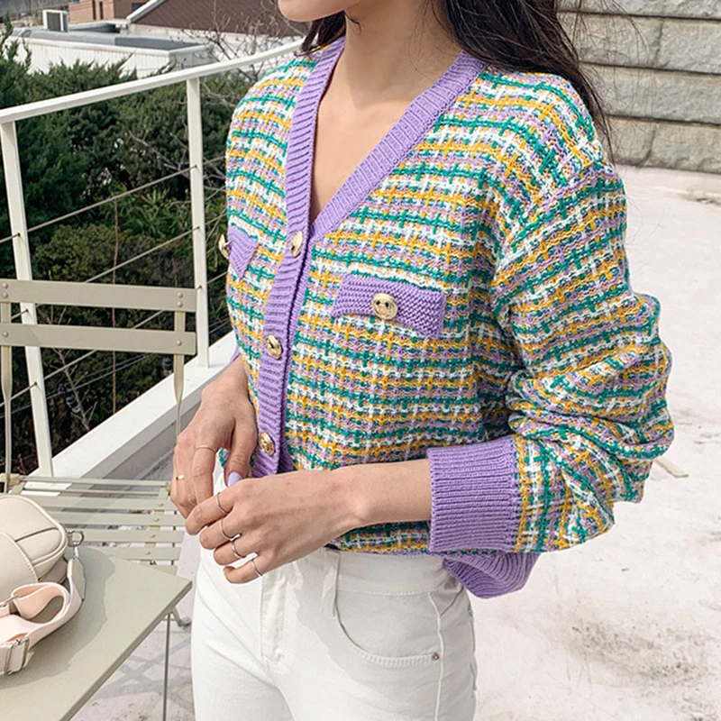 Женский однобортный джемпер в клетку Красный винтажный кардиган свободного