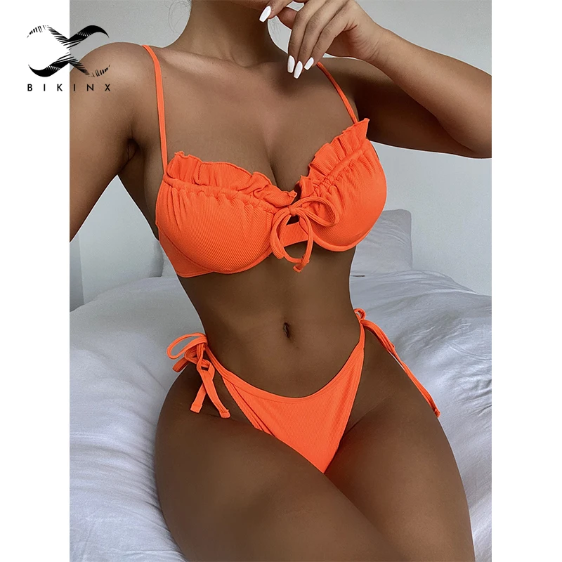 

2021 Underwired push up bikini set Sexy ruffle swimsuit women's swimming suit String high cut swimwear Solid ribbed bathing suit
