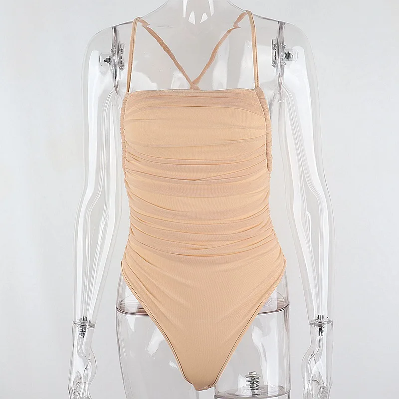 

ALLNeon Y2K Fashion Criss-Cross Lace Up Ruched Bodysuits E-girl Sexy Solid Spaghetti Strap Bandage Backless Rompers Partywear