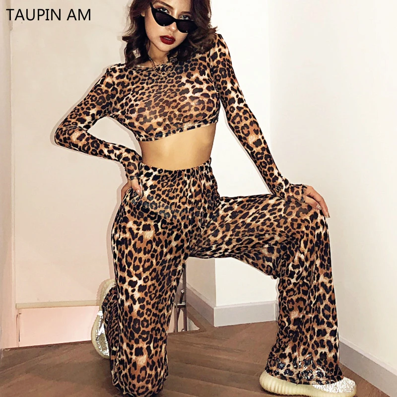 Женский леопардовый прозрачный комплект из 2 предметов короткий топ широкие