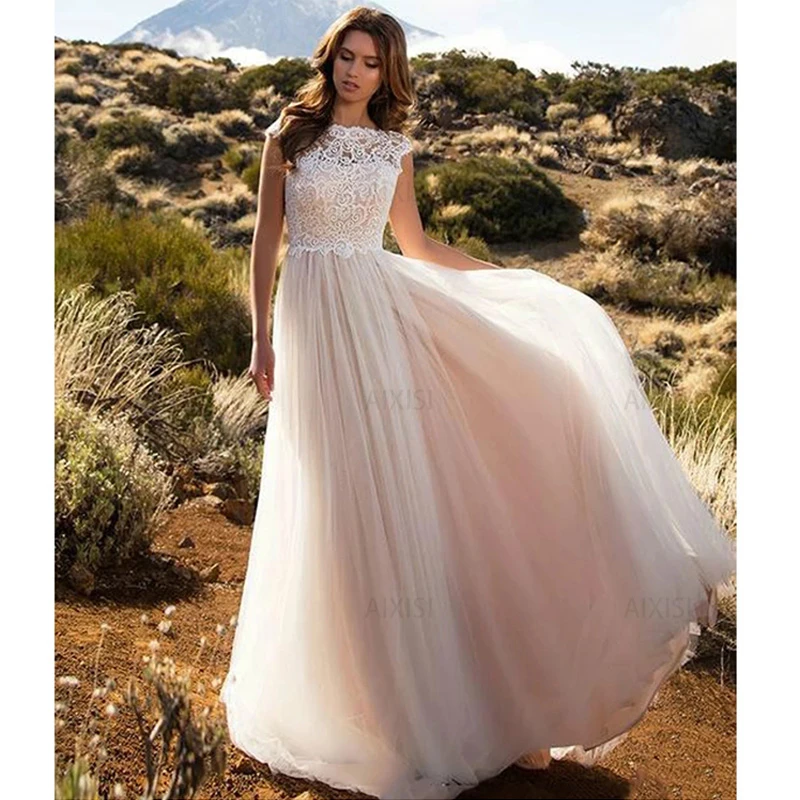 

Jasmine Wedding Dress O Neck Short Sleeve Luxury Simple Bride Vestido Lace A-Line Tulle Ture Love Robe de mariée