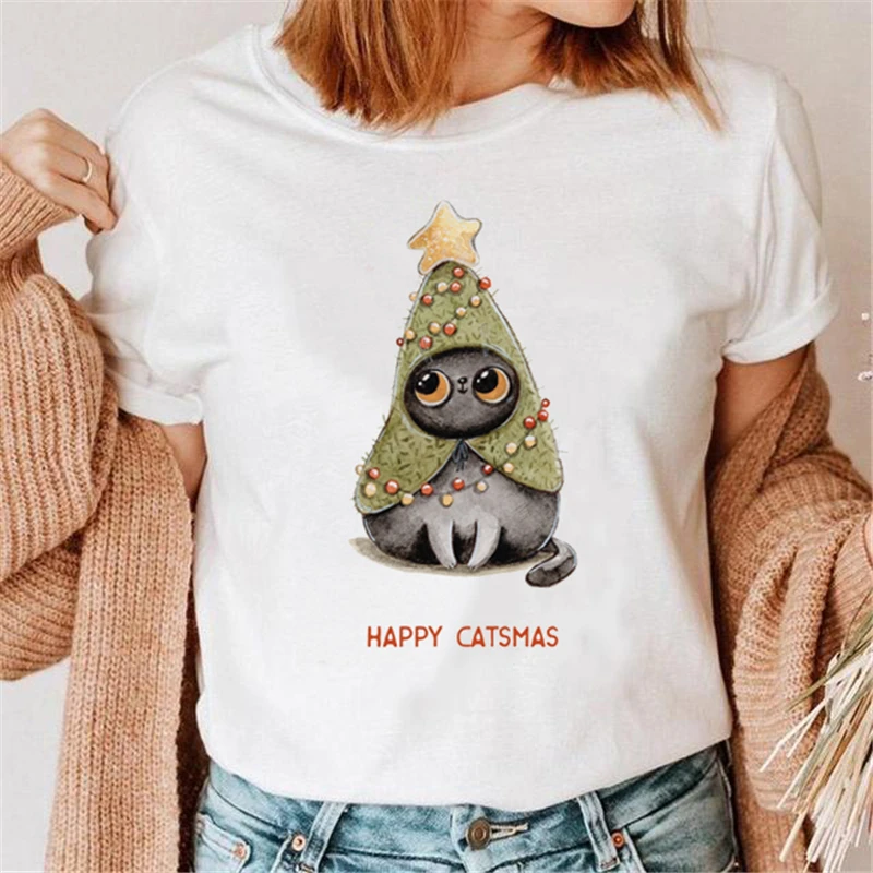 

Women Happy New Year Merry Christmas Holiday Clothes Leopard Tree Cute Fashion Tshirt Graphic T-shirts Cartoon Top Female Tee