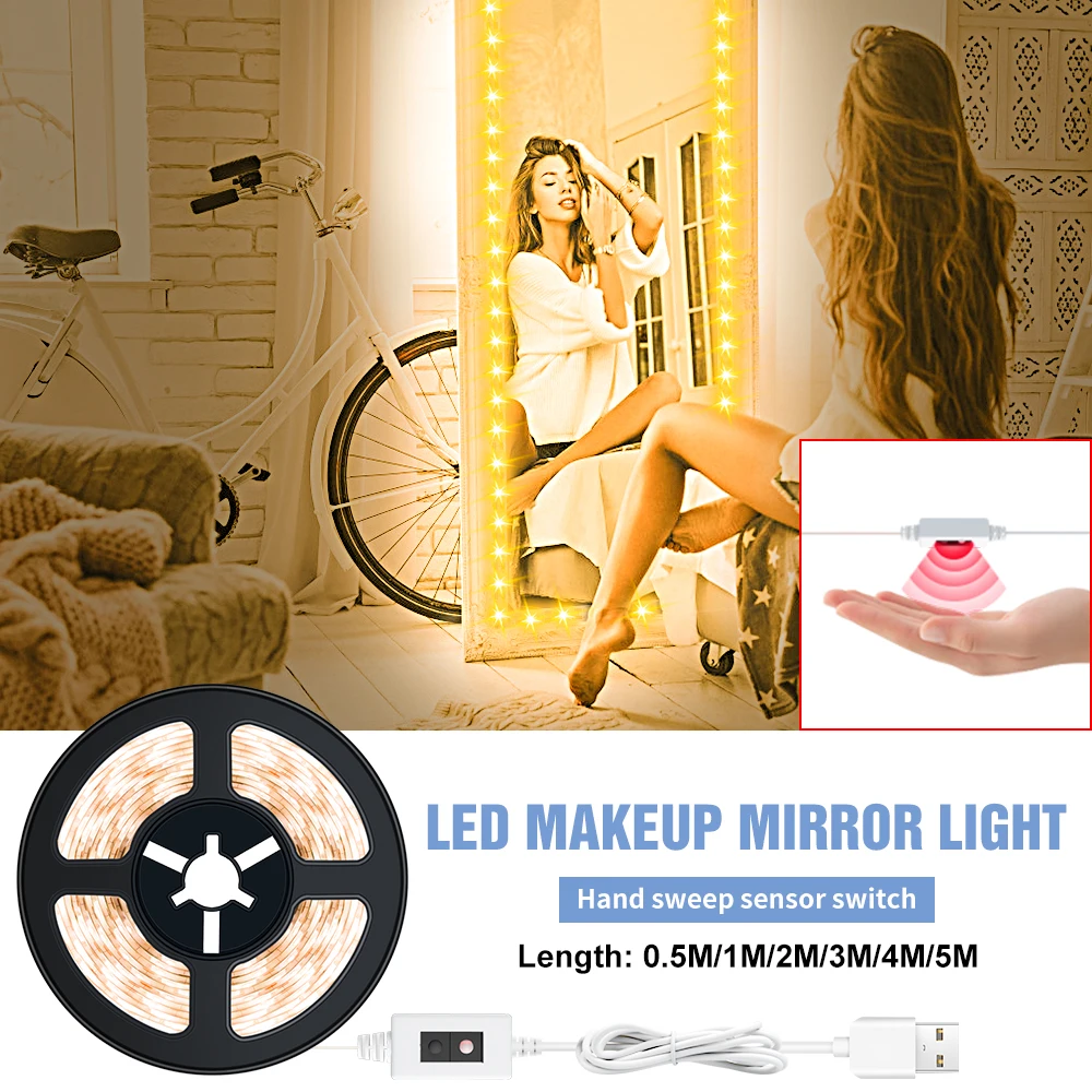 

USB Makeup Mirror Lamp Tape LED Vanity Light Strip Hollywood Dressing Table Wall Lamp LED Hand Sweep Sensor Dimming Light Tape
