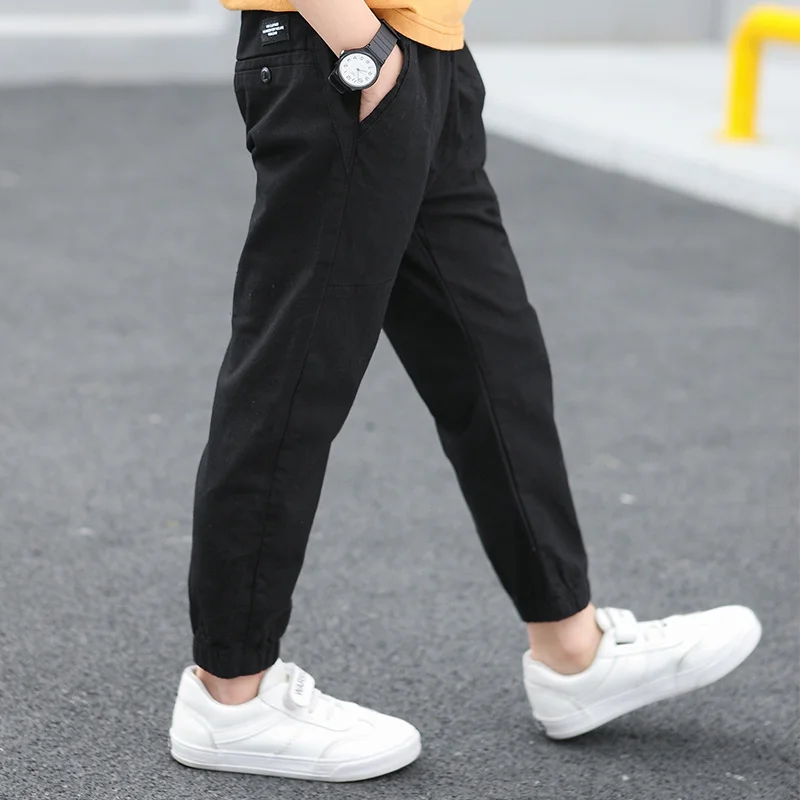 Teen Boy's Pants Kids Spring Autumn Solid Cotton Full Trousers Casual Slim Stretch Jogger Sweatpants 6-16 Years - Цвет: Черный