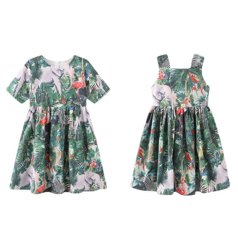 

Designer children's new children's short sleeve skirt summer elephant forest printed girls suspender dress dress