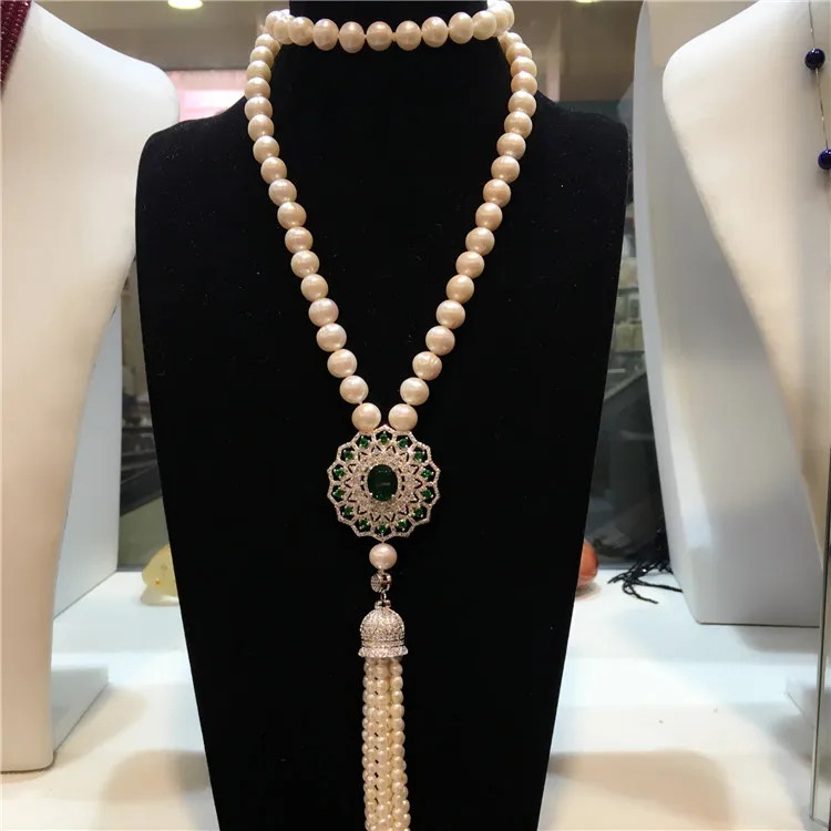 hot sell new natural 9-10 mm white freshwater pearl necklace long micro inlay zircon clasp sweater chain tassel fashion jewelry