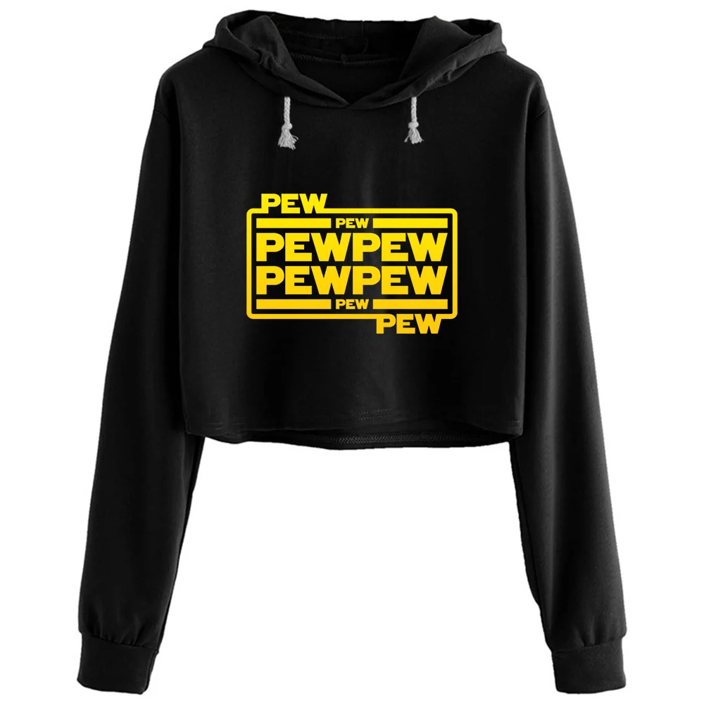 

Pew Pew Pew Crop Hoodies Women Emo Aesthetic Kpop Korean Pullover For Girls