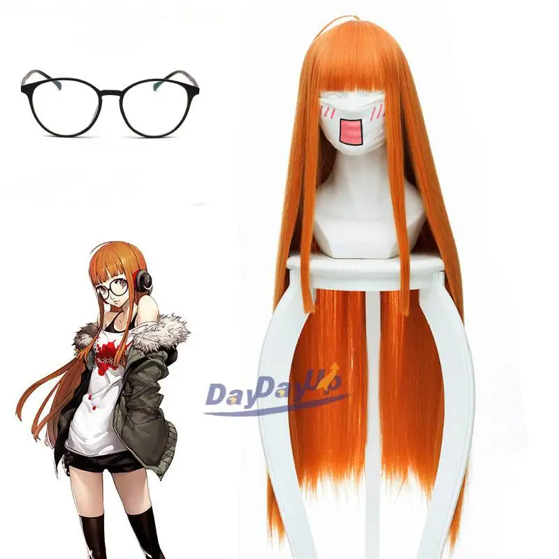 Оранжевый длинный прямой парик Persona 5 Futaba Sakura для косплея термостойкие