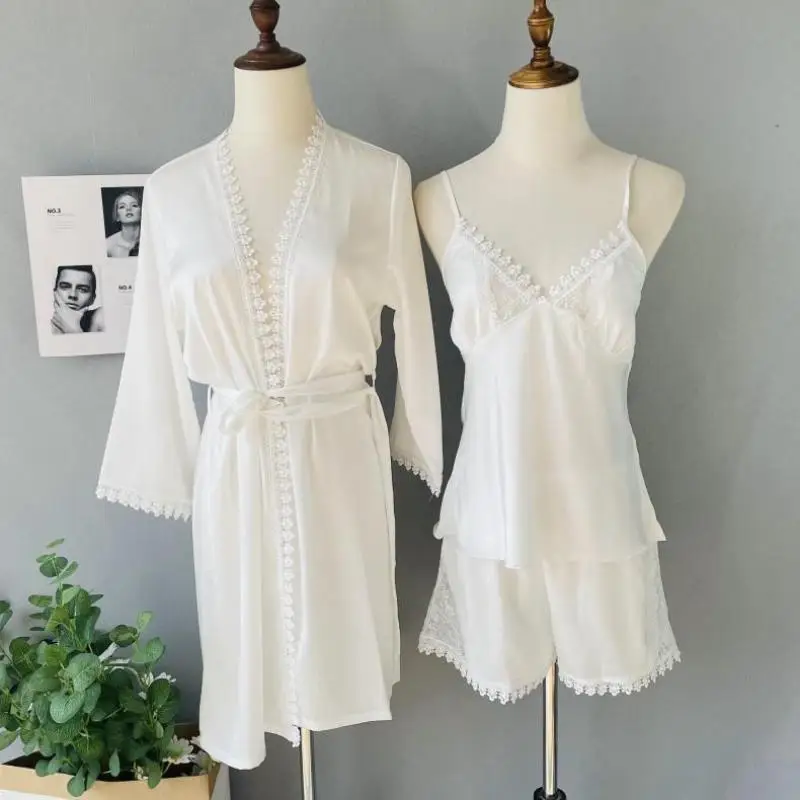 

Spring Summer Women Pajamas Robe Three-piece Suit Sexy Patchwork Lace Pijamas Suit Sleepwear White Satin Wedding Robe Home Wear