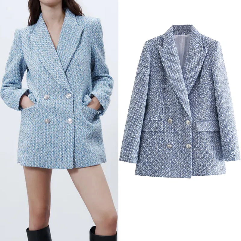 

TRAF Za 2021 Blue Tweed Blazer Woman Double Breasted Long Sleeve Autumn Jacket Fitted Coat Women Vintage Elegant Female Blazer