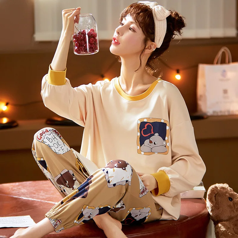 

Print Women Pajamas Set Long Sleeve Shirt&Pants Cotton 2PCS Sleepwear Female Pijamas Suit O-Neck Loungewear Cartoon Homewear
